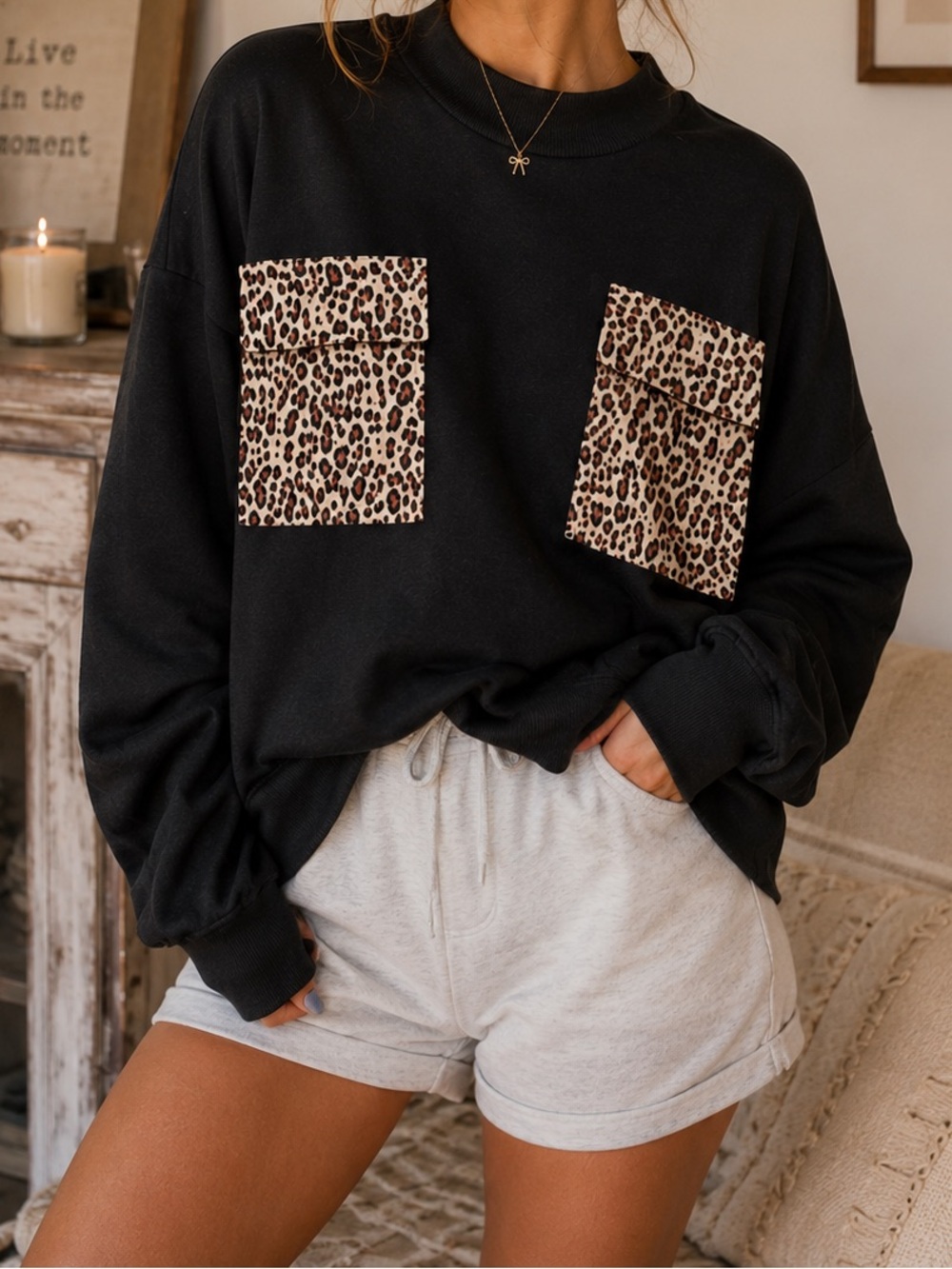 Shein Double Breasted Leopard Cheetah Pocket Crewneck Sweatshirt Size XS